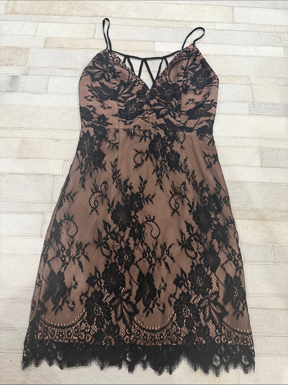 X by NBD Women's Black Lace Overlay Nude Slip Dress